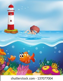 Illustration of a boy swimming with fishes and corals at the beach