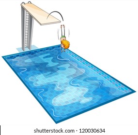 illustration of a boy and a swimming pool on a white background
