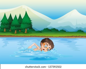Illustration of a boy swimming at the river