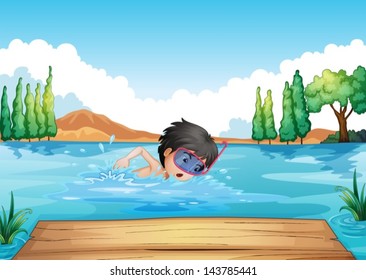 Illustration of a boy swimming in the river with a pink goggle