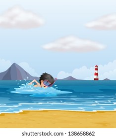 Illustration of a boy swimming in the sea near the lighthouse