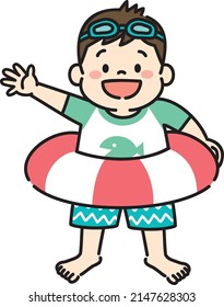 Illustration of boy in swimming suit having swim tube