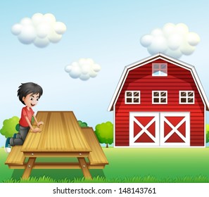 Illustration of a boy at the table near the barnhouse