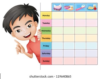 illustration of a boy and a table on a white background