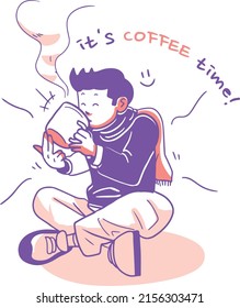 Illustration of A Boy Take Cup Of Coffee To Make Him Feel Better