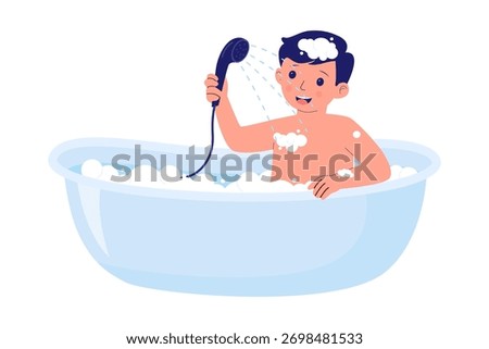 Illustration of Boy Taking a Bath and Daily Hygiene. A boy is seen enjoying a bath full of bubbles, representing the importance of daily showering, cleanliness
