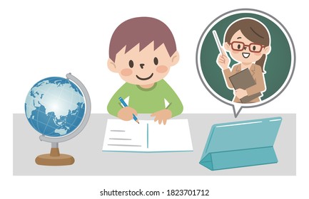 Illustration of a boy taking an online class