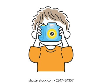 Illustration of a boy taking pictures with a kids camera.