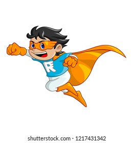 Illustration of boy that become the super hero, he use mask and cape. And he running so fast and so rush