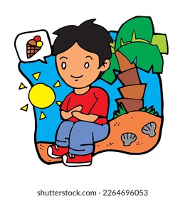 illustration of a boy thinking on the seashore