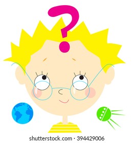 Illustration of boy thinking with question marks. Inquisitive child. A question mark,  planets, satellites and a boy. Intelligent and inquisitive boy. Vector