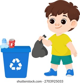 Ilustração de menino jogando lixo no lixo