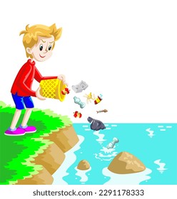 illustration of a boy throwing garbage in the river