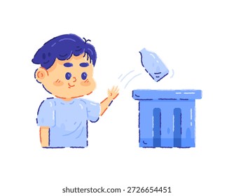 Ilustración de un niño arrojando una botella de plástico a un bote de basura. Arrojar basura en su lugar, no tirar basura. Mantener la limpieza ambiental o cuidar el medio ambiente. Diseño de estilo plano con crayones de contorno. El fondo blanco