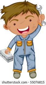 Illustration of a boy with tool box on white background