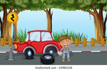 Ilustración de un niño con herramientas y un auto rojo en la carretera