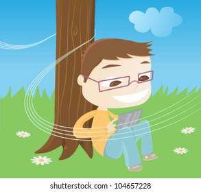 Illustration of a boy with touchscreen sitting in nature.
