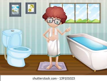 Illustration of a boy with a towel at the bathroom