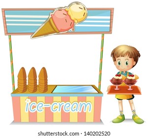 Illustration of a boy with a tray beside an ice cream cart on a white background