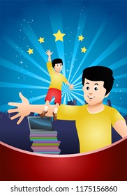illustration of  a boy try to reach the stars stepping book stacks until late at night