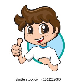 Illustration boy with tuft and freckles signaling ok, approved, correct. Child with brown hair and happy eyes expression. Ideal for institutional and promotional matters