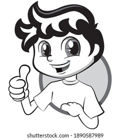 Illustration boy with tuft and freckles, signaling ok, approved, correct, art line. Ideal for institutional and promotional materials