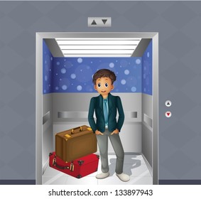 Illustration of a boy with two travelling bags inside the elevator