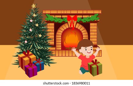 Illustration Of A Boy Unboxing Christmas Gift In Front Of Fireplace And Beside Christmas Tree. Suitable For Christmas Background