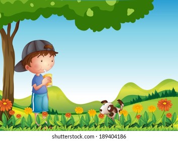 Illustration of a boy under tree with his pet