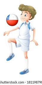 Ilustración de un niño usando la pelota con la bandera chilena en un fondo blanco