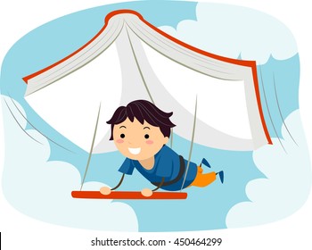 Illustration of a Boy Using a Giant Book as a Glider