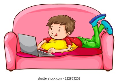Illustration of a boy using a laptop at the sofa on a white background 