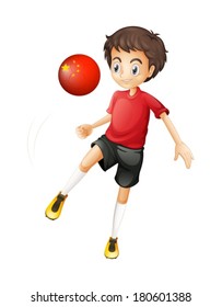 Illustration of a boy using the soccer ball with the flag of China on a white background