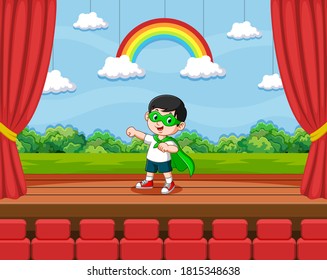 The illustration of the boy using superheroes is doing the acting in the theater 