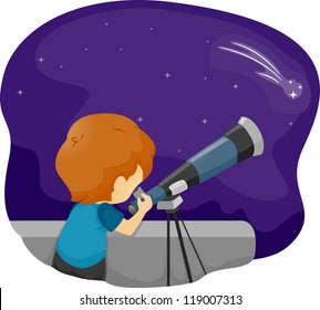 Illustration of a Boy Using a Telescope for Stargazing