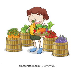 illustration of a boy and vegetables on a white background