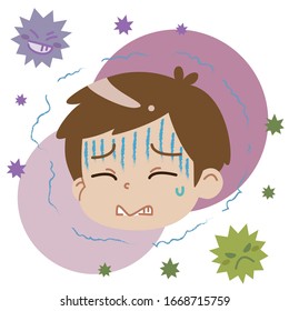 Ilustración de un niño y un virus sintiéndose frío y escalofríos (Versión sin línea)