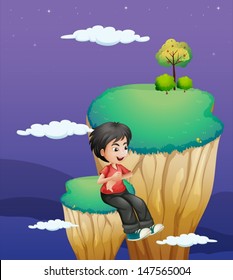 Illustration of a boy waiting for someone at the topmost part of a landform