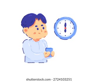 Ilustración de un niño esperando el momento de romper su ayuno. Mirando el reloj y sosteniendo un vaso de agua. Actividades durante el Ramadán. Usando una camisa de koko y kopia. Carácter musulmán, lindo, adorable, y adorable. Diseño de estilo de crayón de contorno plano. El fondo blanco.