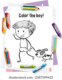 Illustration of a boy walking a dog
