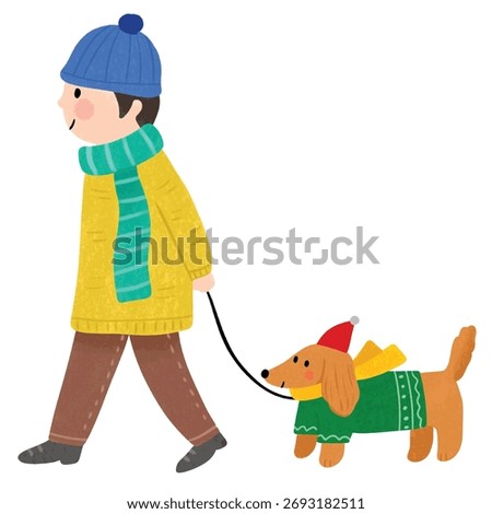 Illustration of Boy Walking Dog in Winter Clothes.