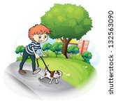 Illustration of a boy walking with his dog along the street on a white background