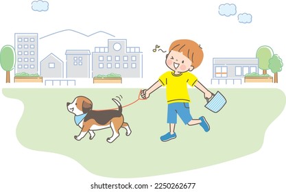 Illustration of a boy walking his dog