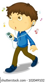 Illustration of boy walking with music player