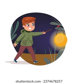 Illustration with boy walking at night and carrying a lantern for Saint Martin festival. Lantern walk
