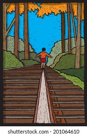 Illustration of a Boy Walking on Train Tracks.