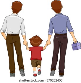 Illustration of a Boy walking together with two fathers