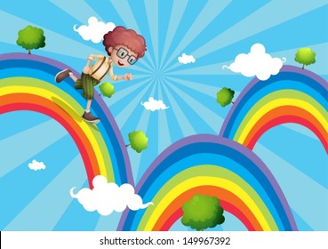 Illustration  of a boy walking at the top of the rainbow