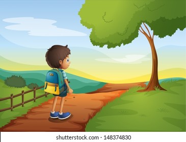 Ilustración de un niño caminando mientras llevaba una bolsa