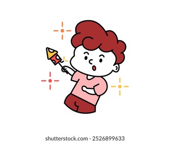 Ilustración de un niño que quiere lanzar un cohete de fuegos artificiales. Jugar con fuegos artificiales. Celebrar, disfrutar y unirse a una fiesta, festival o evento. Animar. Expresión facial. Diseño de personajes lindos 